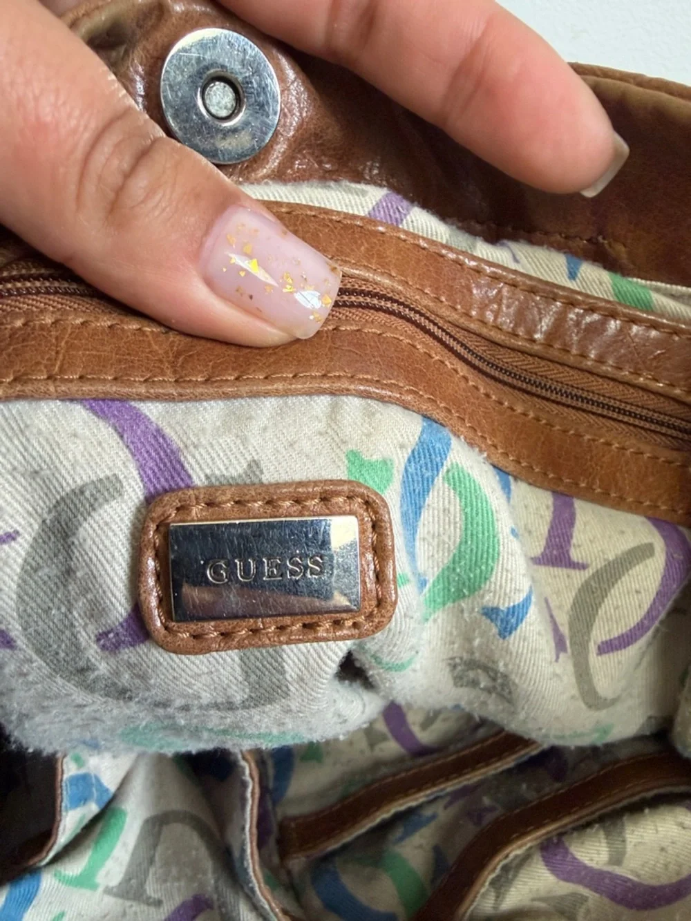 GUESS Vintage Brown Leather Hobo Bag Monogram Logo Y2K Shoulder Bag - Picture 11 of 14